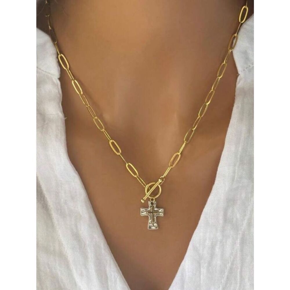 Gold Cross Pendant Paperclip Chain Necklace - Women Jewelry R 497